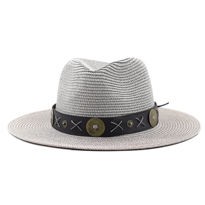 Grey woven bohemian sun hat with black leather band and vintage metal buckles