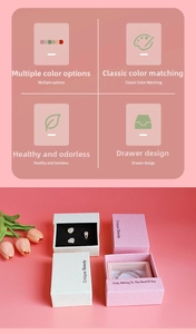 Detail view of drawer-style jewelry box for rings and earrings in pink textured paper