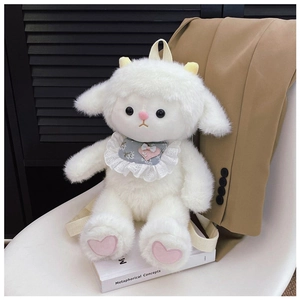 Detail showing plush sheep backpack texture with beige straps on a white chair