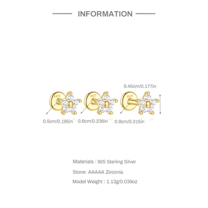 Detailed size chart of S925 silver flower stud earrings with zirconia in three bar lengths