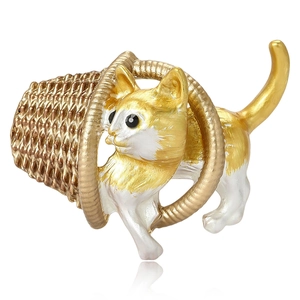 Creative enamel cat brooch with golden basket accessory and white feline design