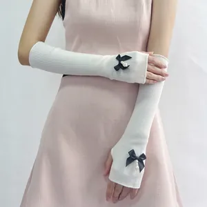 Knitted Arm Sleeves Fingerless Gloves With Bowknot Artificial Pearl Heart Sweet Lolita Style Japanese JK Accessory For Women