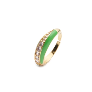 Adjustable gold plated ring with green enamel and sparkling white cubic zirconia stones