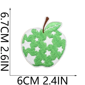 Detailed view of green apple embroidery patch with star pattern and size dimensions