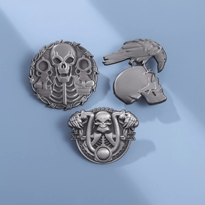 Gothic punk metal badge set featuring vintage silver skull, crow and motorcycle motifs