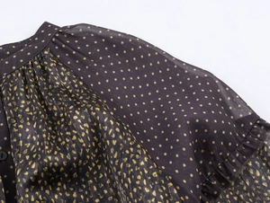 Detail of bohemian dark chiffon blouse with gold polka dots and pleated neckline