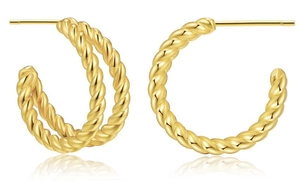 Macro detail of gold twisted rope texture and high-polish finish on C-shaped hoop earrings