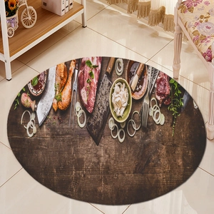 Detail of oval flannel floor mat with realistic vintage kitchen food print on tiles