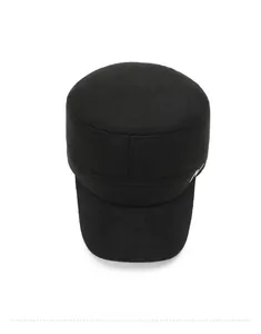 Top down view of black wool winter cadet cap with embroidery and thick warm lining