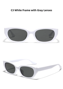 Detailed views of narrow rectangular white frame sunglasses with gray lenses