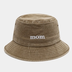 Vintage washed cotton tan bucket hat with white mom embroidery and a flat top design