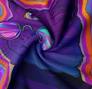Close-up of cat print tapestry fabric showing high-definition digital printing and twill texture