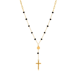 18K gold plated stainless steel Y-necklace with black beads and a cross pendant