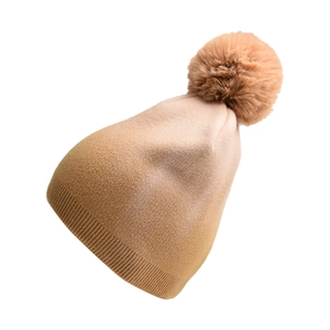 Detail of camel knit beanie with pompom showing fine stitching and ribbed edge texture