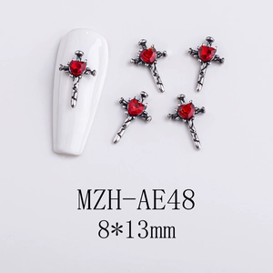 Gothic silver nail charms with red heart gem and cross design for Halloween nail art