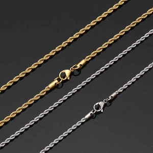 Detail of gold and silver stainless steel rope chains with secure lobster clasps