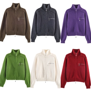 Giacca In Maglia Da Donna Maglione Zip Intera Collo Alto Manica Lunga Polsini A Costine Cardigan Casual Con Tasca