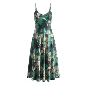 Robe longue moulante vert foncé avec imprimé rose vintage et décolleté en V élégant