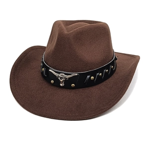 Detail of wool western cowboy hat featuring black leather band and metal bull head badge