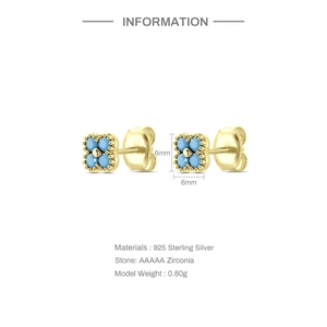 Detail view of 6mm turquoise flower studs in S925 sterling silver with AAAAA zirconia