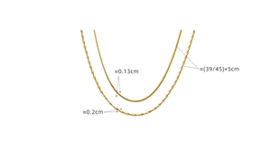 Detail of double-layer gold snake chain necklaces with 0.13cm and 0.2cm width labels