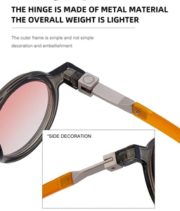 Detail of metal hinge and orange-grey temples on gradient lens sunglasses