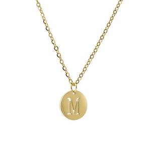 Detailed close-up of 18K gold-plated titanium pendant featuring the letter M on white background