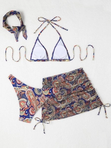Detailed flat lay of 4-piece paisley print bikini set with halter top and matching sarong