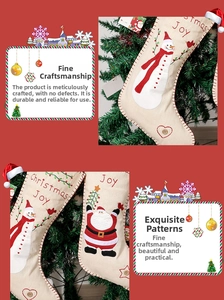 Detail of embroidered Christmas stockings with snowman and Santa motifs on linen fabric