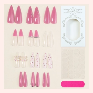 Long almond press-on nails set with pink glitter, rhinestones and butterfly patterns