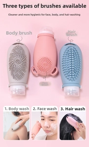 Macro detail of multi-use silicone travel bottles for shampoo and face cleansing