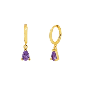 Gold water drop hoop earrings with purple pear-cut zircon for women in front view
