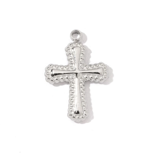 Vintage silver beaded cross pendant in stainless steel with a polished mirror finish surface