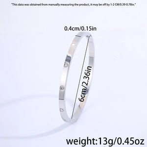 Detailed dimensions of heart patterned stainless steel bracelet with sizing measurements