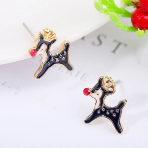 Detail of Christmas reindeer stud earring with black enamel and a sparkling red rhinestone