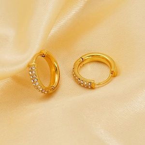 Stainless Steel Hoop Earrings With 18K Gold Plating Rhinestone Inlaid Simple Versatile Fashion Huggie Jewelry For Women