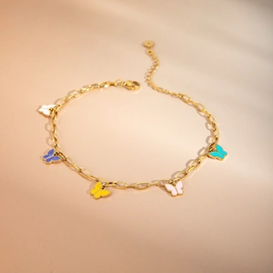 Stylish 16k gold stainless steel anklet featuring five colorful enamel butterfly charms