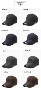 Detail view showing eight baseball caps in black, navy, grey, and brown with diverse logos