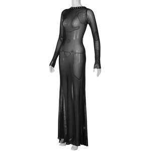 Detail of sheer black mesh maxi dress with tie-back and reflective texture on model