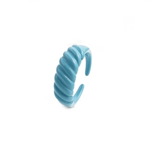 Fashionable sky blue croissant open ring with glossy enamel finish on white background