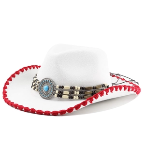 White wool fedora cowboy hat with red stitched brim and turquoise beaded band detail