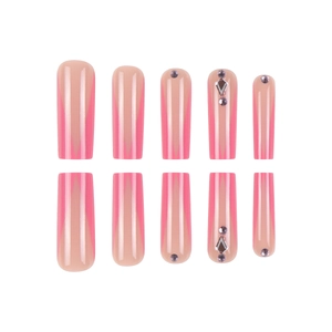 Pink French press-on nails in long coffin shape with rhinestones and glitter accents