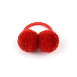 Cute red double plush pom pom elastic hair tie for girls with soft furry balls