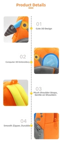 Detailed view of 3D embroidery and soft plush fabric on orange construction truck backpack