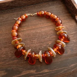 Chic amber acrylic irregular beaded necklace with minimalist Maillard style for women