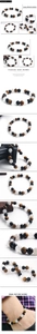 Detail view of tri-color natural stone beads including tiger eye and obsidian on bracelet