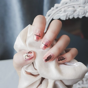 Stickers ongles 5D relief rose et papillon avec fini perlé et lignes noires minimalistes