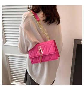 Detail of hot pink quilted crossbody bag with gold chain strap and stylish tassel charm