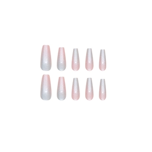 Cat eye glitter press-on nails with pink white gradient in long coffin ballerina shape