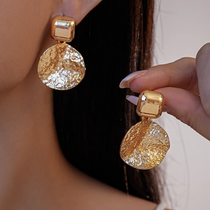 Boucles D Oreilles Pendantes Géométriques Carrées Rondes Pour Femmes Alliage Texture Martelée Avec Tige En Argent Rétro